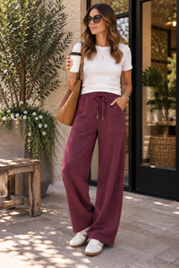 Wine Waffle Knit Wide Leg Drawstring Pants