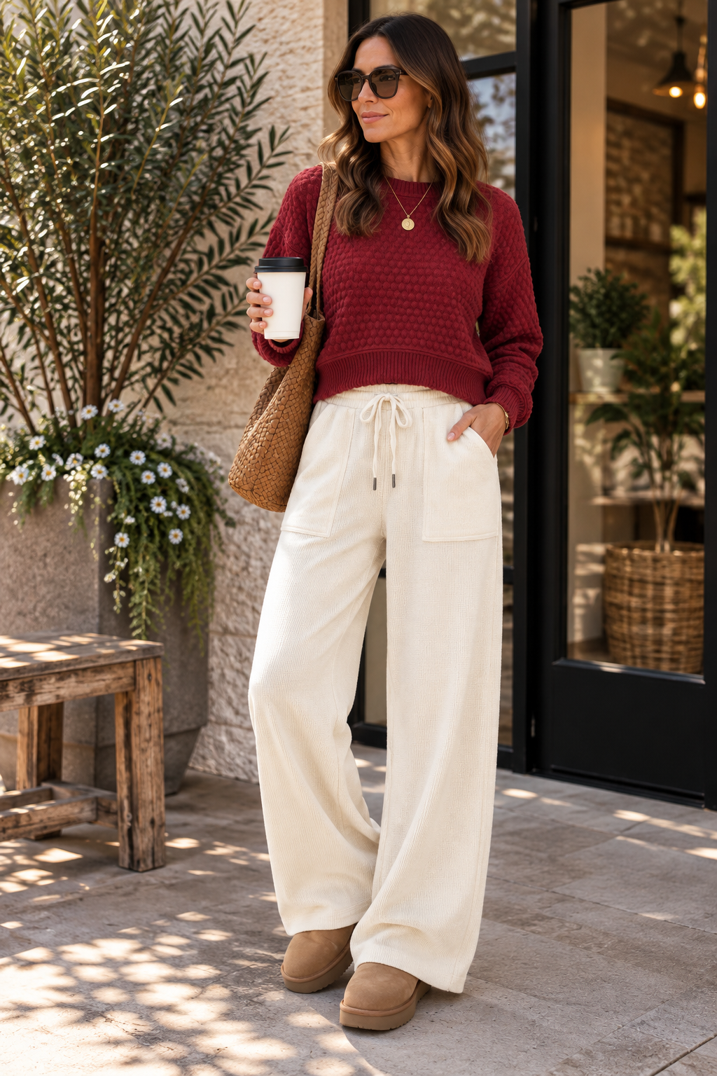 Alpaca Waffle Knit Wide Leg Drawstring Pants