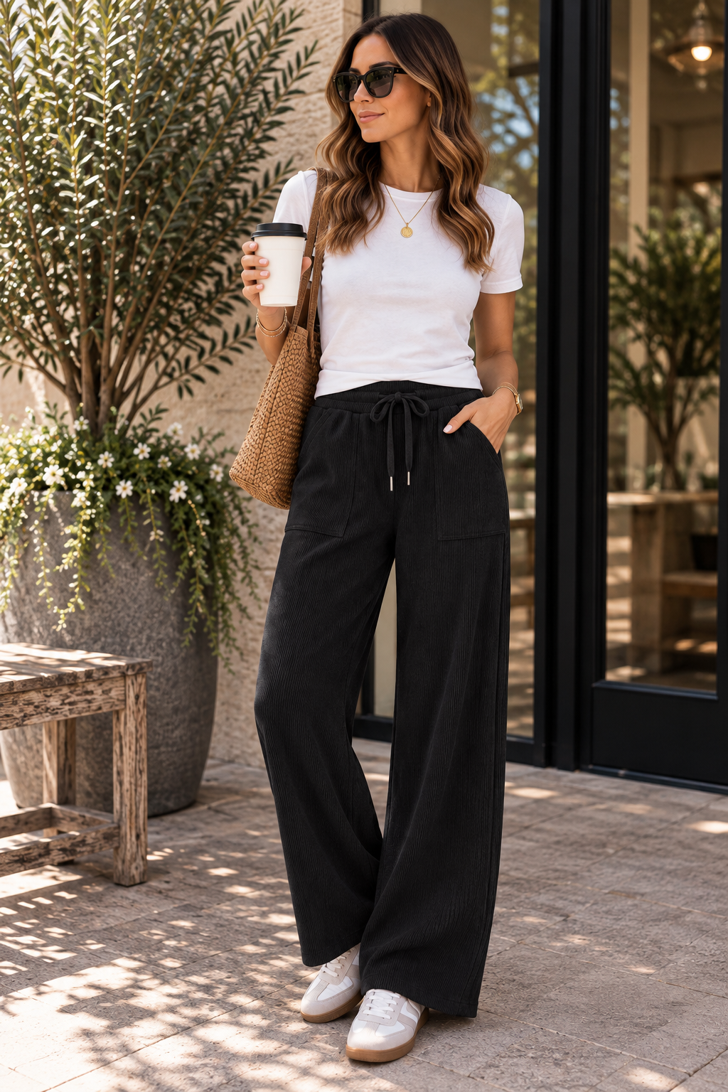 Black Waffle Knit Wide Leg Drawstring Pants
