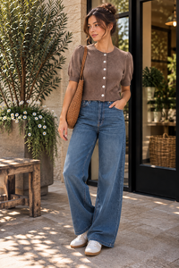 Ash Brown Button Front Puff Cardi Top