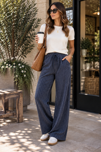 Navy Pinstripe Elastic Waist Sweatpants