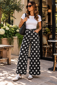 Polka Dot Straight Leg Cotton Denim Pants