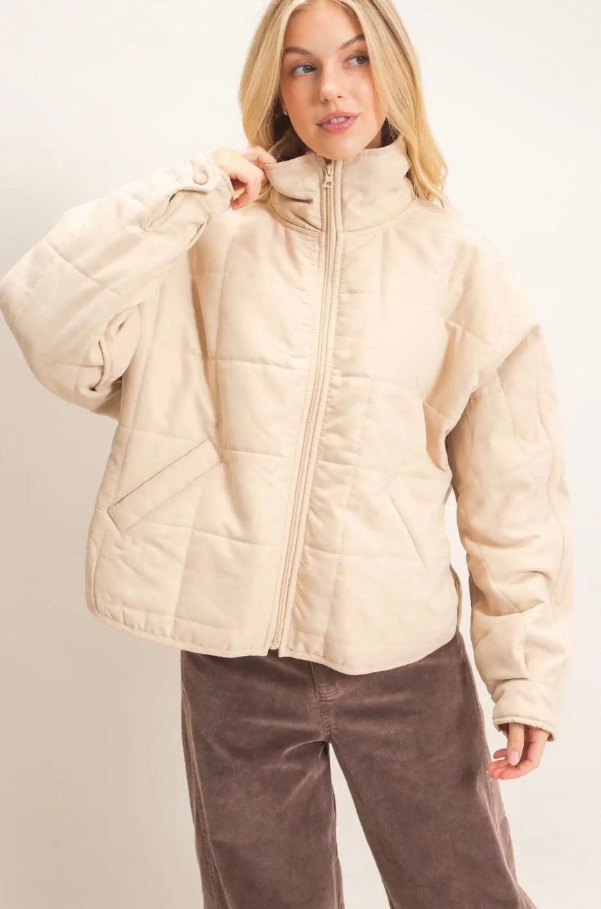 Beige Quilted High Collar Jacket