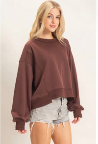 Brown Ribbed Hem Hi Lo Crew Sweatshirt