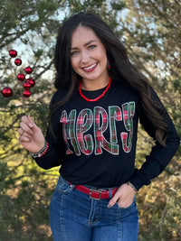 Merry in Red & Green Plaid Tee