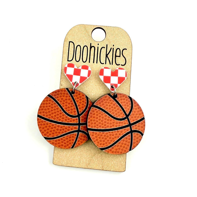 Checkered I Heart Basketball Dangles Sports Earrings