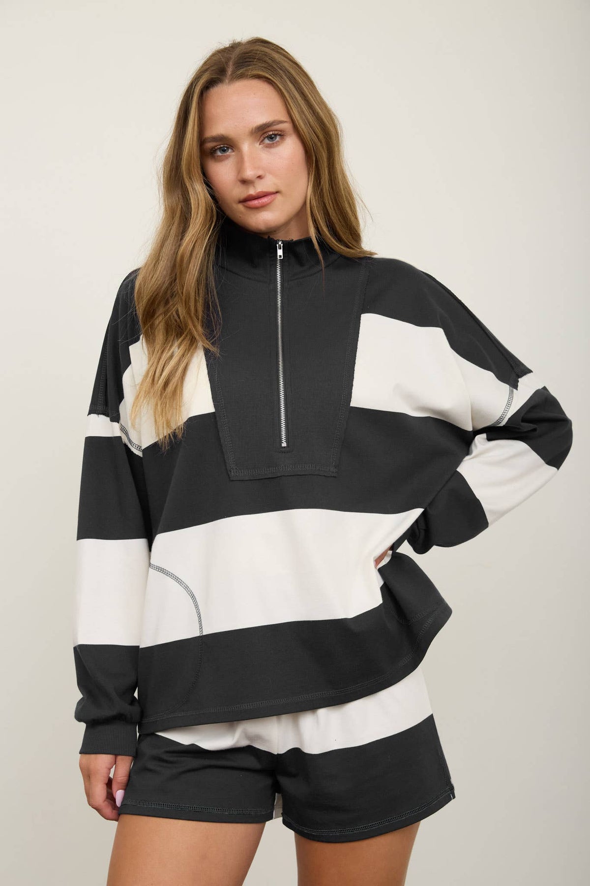 Charcoal Wide Stripe 1/4 Zip Set