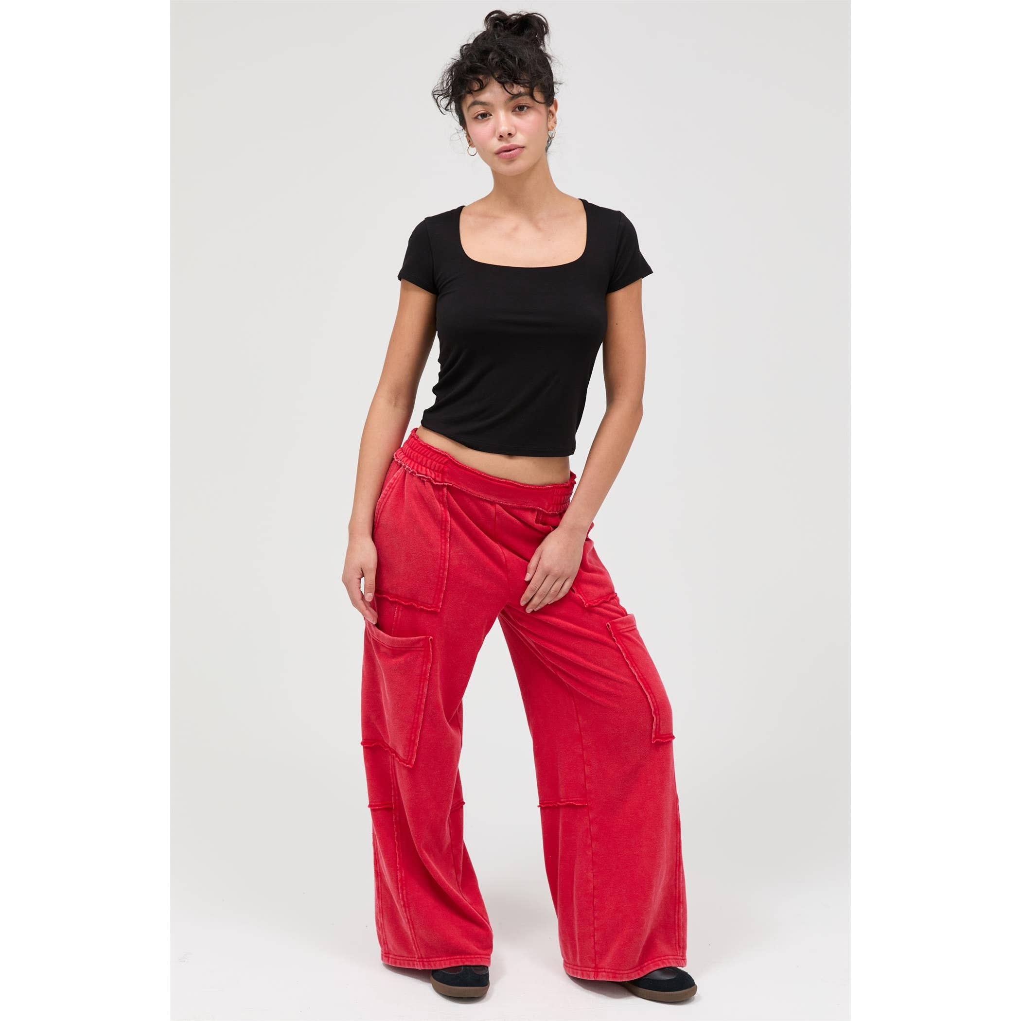 Red Mineral Wash Wide Leg Cargo Pants