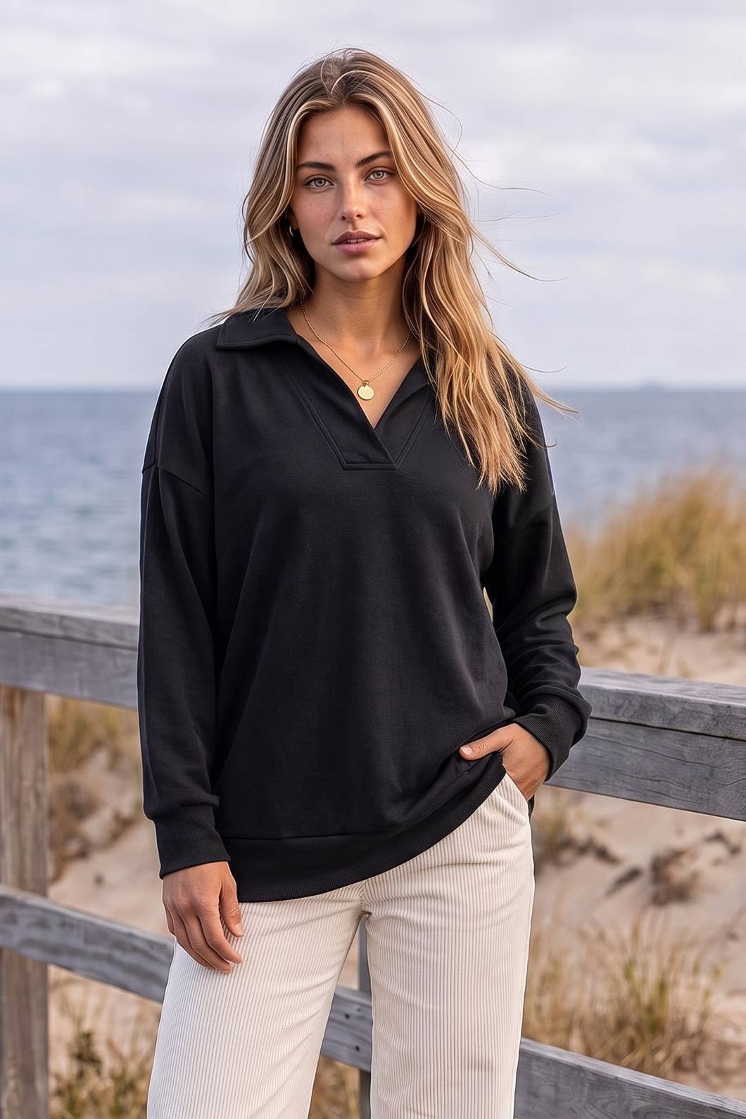 Black Collared V-Neck Pullover