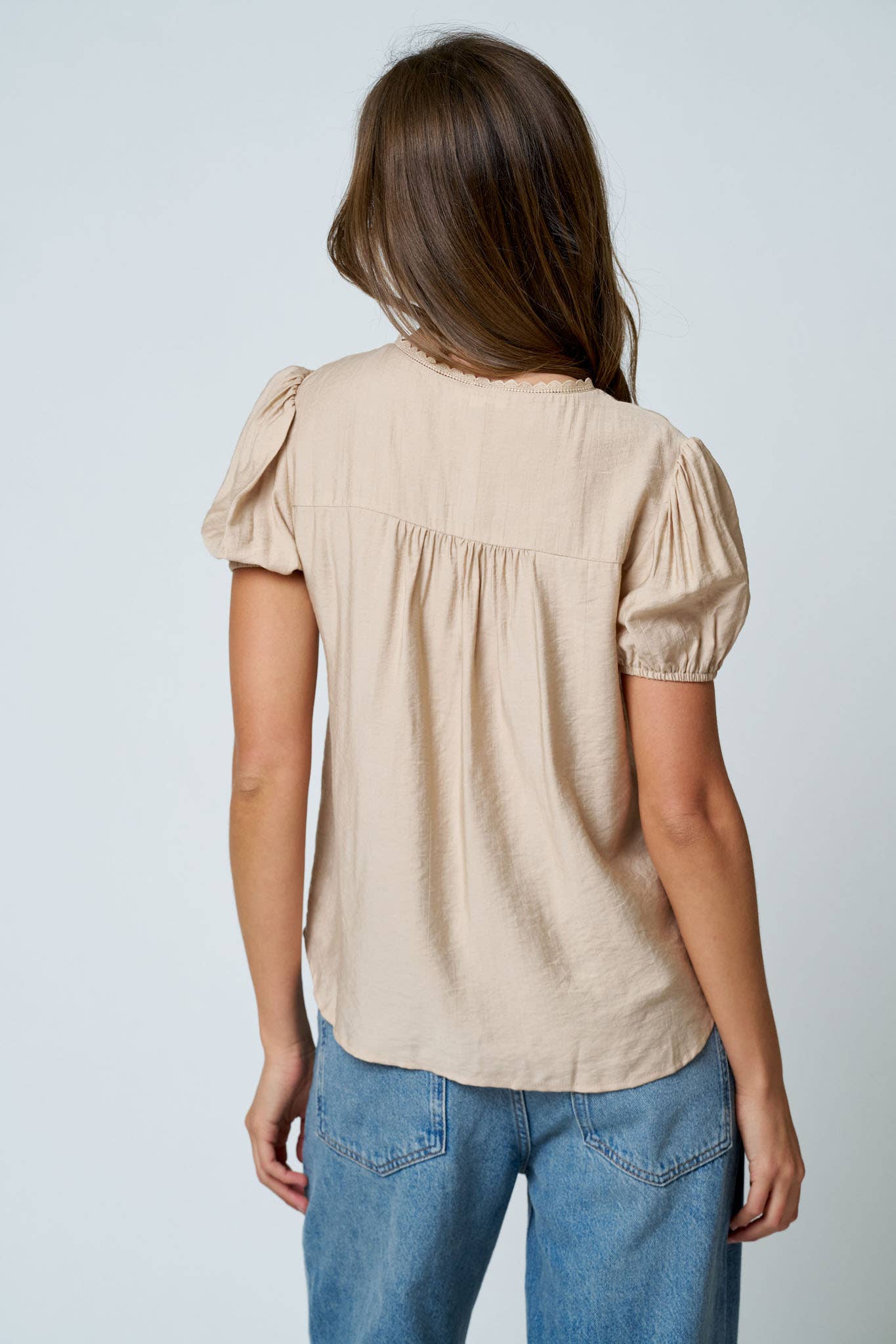 Embroidered Yoke Lace Trim Pintuck Detail Top