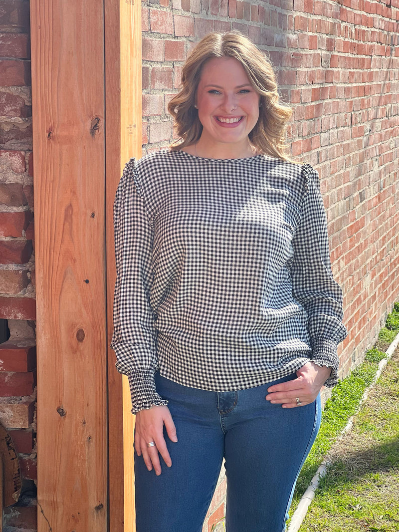 Black Plaid Balloon Long Sleeve Top