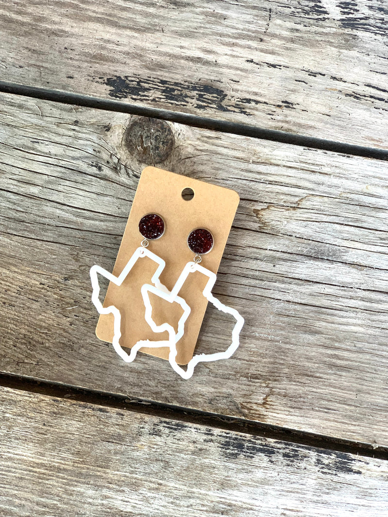 White Texas w/Maroon Druzy Earrings