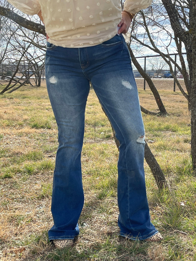 Moonlight Mile High-Rise Seamless Waistband Distressed Flare Jeans