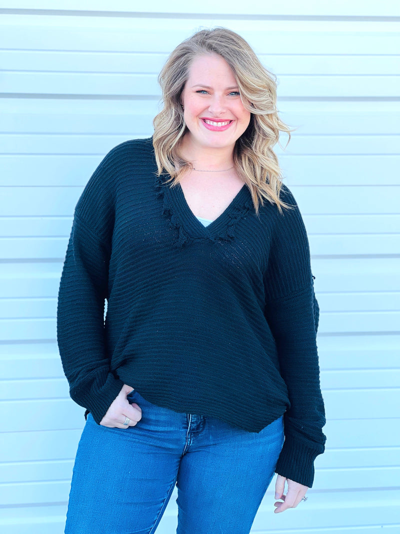 Mel Black Edged Detail VNeck Sweater Hoodie