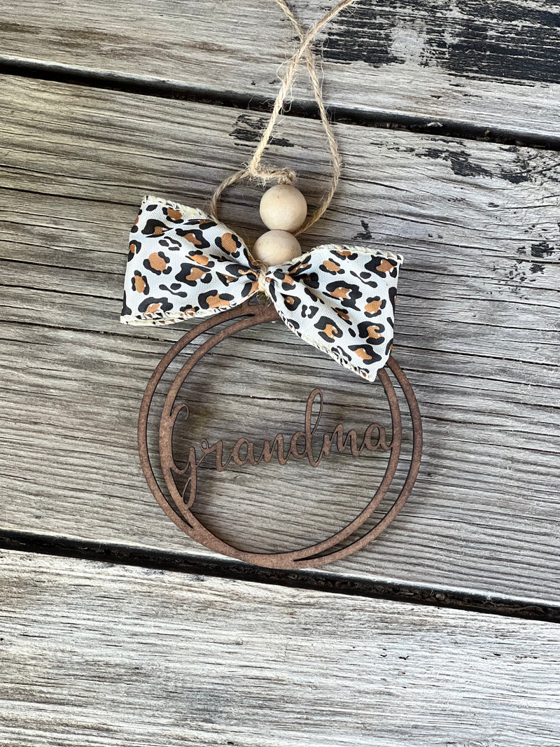Leopard Bow & Wood Grandma Car Charm